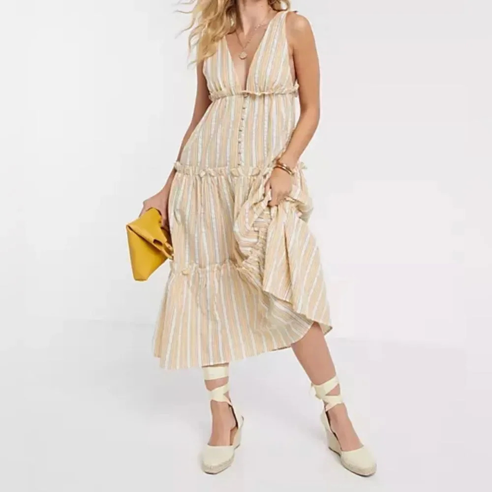 NEW ASOS button front tiered midi dress in stripe print